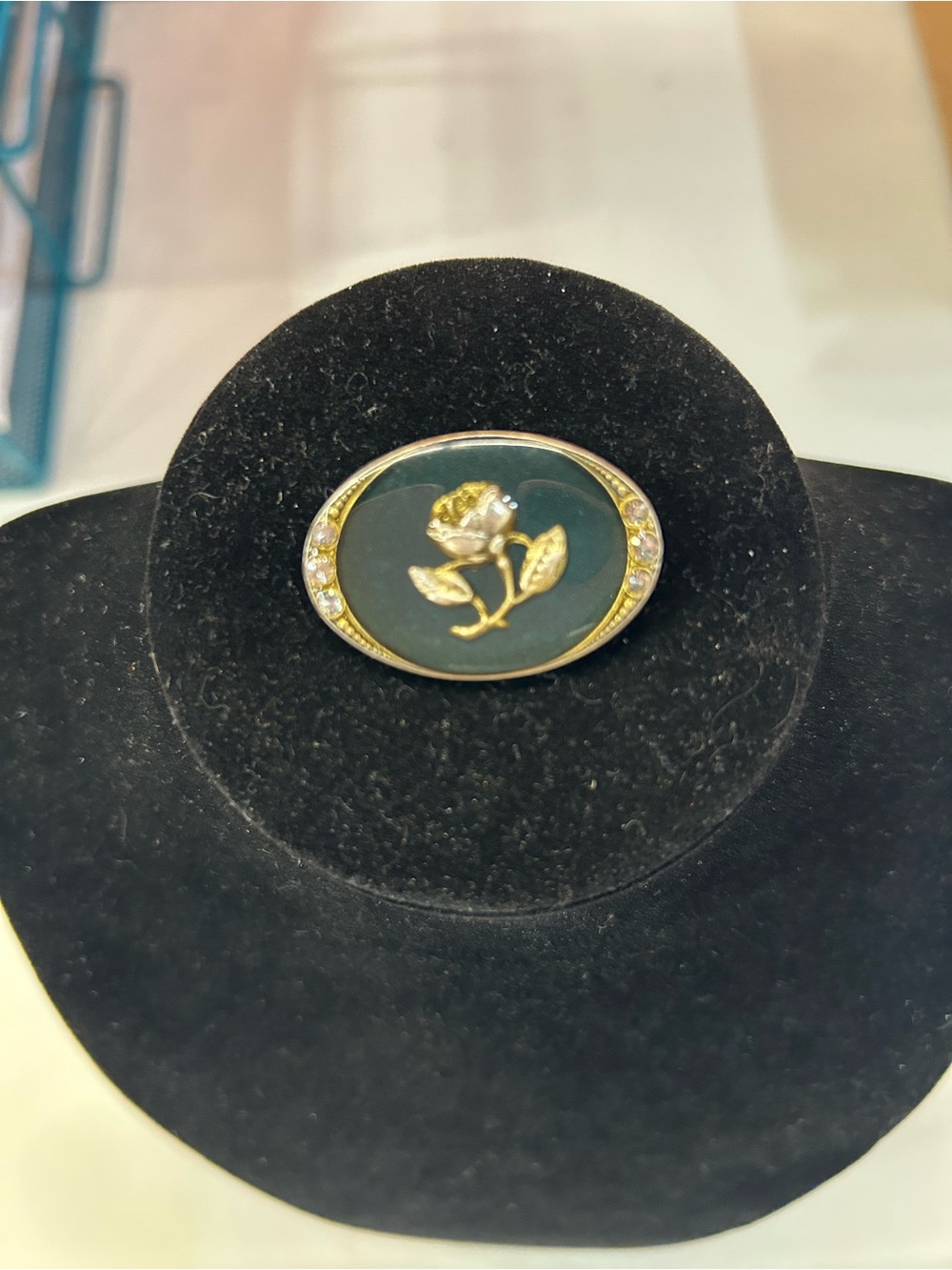 Catherine Popesco Gold Rose Oval Green Enamel Brooch with Rhinestones